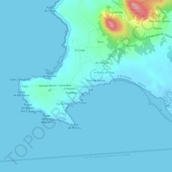Mapa topográfico Corrubedo, altitude, relevo
