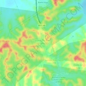 Mapa topográfico Nuevo Progreso (Kilometro 12), altitude, relevo