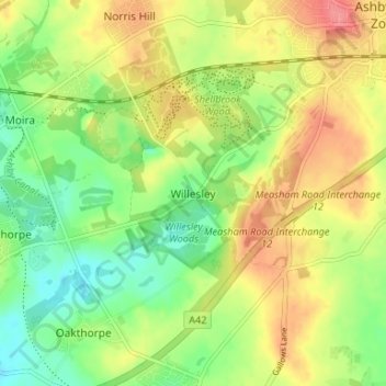 Mapa topográfico Willesley, altitude, relevo