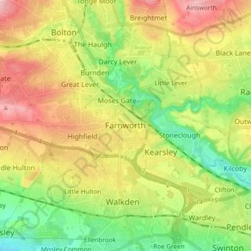 Mapa topográfico Farnworth, altitude, relevo