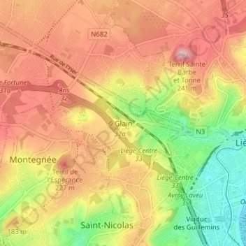 Mapa topográfico Glain, altitude, relevo