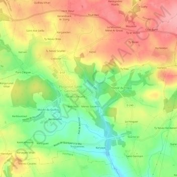Mapa topográfico Pont Guen, altitude, relevo