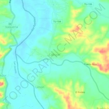 Mapa topográfico Cabuyal, altitude, relevo