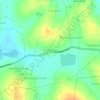 Mapa topográfico Tavarekere, altitude, relevo
