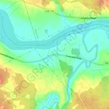 Mapa topográfico Coverdale, altitude, relevo