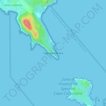 Mapa topográfico Capo Carbonara, altitude, relevo
