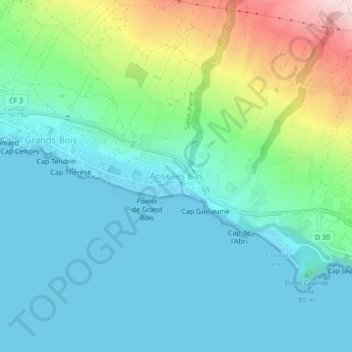 Mapa topográfico Anse les Bas, altitude, relevo