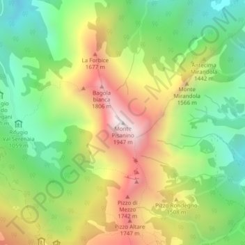Mapa topográfico Monte Pisanino, altitude, relevo