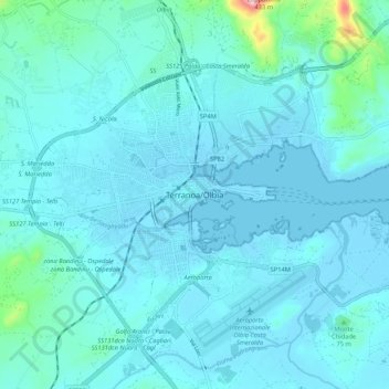 Mapa topográfico Olbia, altitude, relevo