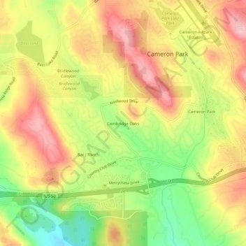 Mapa topográfico Cambridge Oaks, altitude, relevo