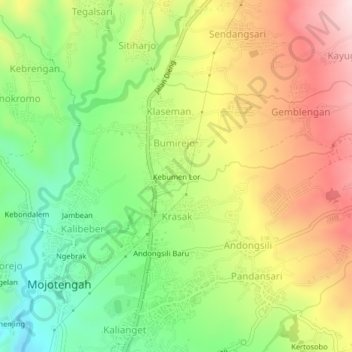 Mapa topográfico Kebumen Lor, altitude, relevo