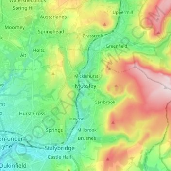 Mapa topográfico Mossley, altitude, relevo