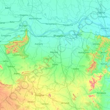 Mapa topográfico Bhagalpur, altitude, relevo