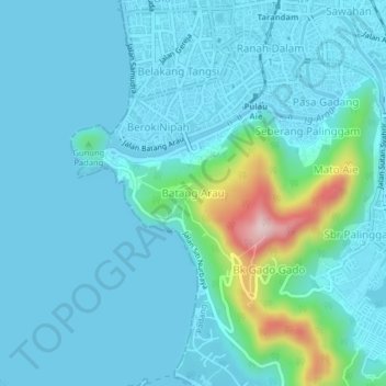 Mapa topográfico Batang Arau, altitude, relevo