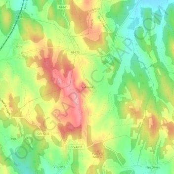 Mapa topográfico Valldevià, altitude, relevo