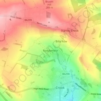 Mapa topográfico Roddymoor, altitude, relevo