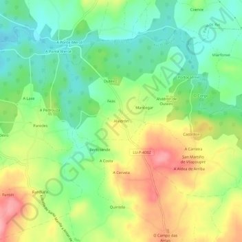 Mapa topográfico Alvidrón, altitude, relevo