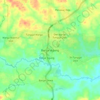 Mapa topográfico Banjar Agung, altitude, relevo