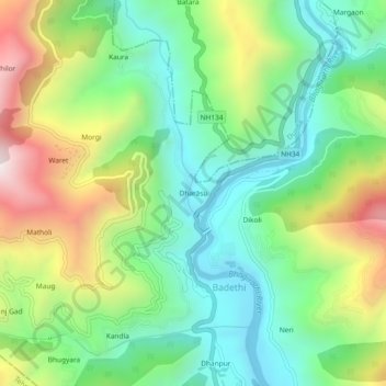 Mapa topográfico Dharāsu, altitude, relevo