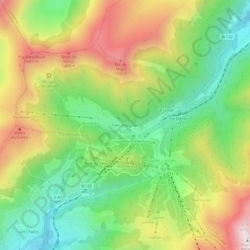Mapa topográfico Font d'Alagnon, altitude, relevo