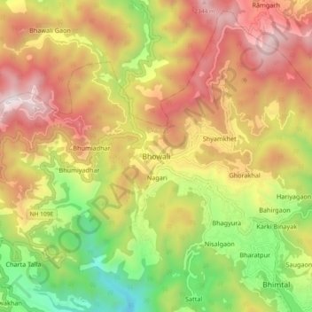 Mapa topográfico Bhowali, altitude, relevo