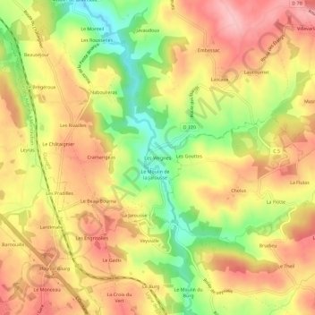 Mapa topográfico Les Vergnes, altitude, relevo