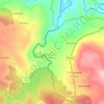 Mapa topográfico O Batán, altitude, relevo