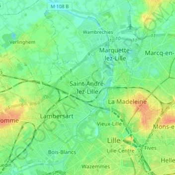 Mapa topográfico Saint-André-lez-Lille, altitude, relevo