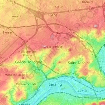 Mapa topográfico Grâce-Hollogne, altitude, relevo