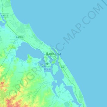 Mapa topográfico Batticaloa, altitude, relevo