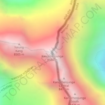 Mapa topográfico Kangchenjunga, altitude, relevo