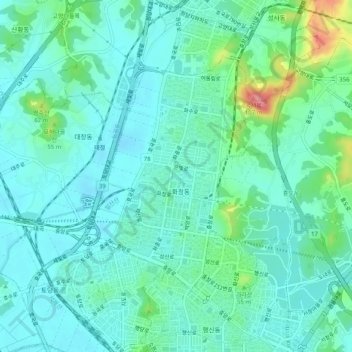 Mapa topográfico 덕양구, altitude, relevo