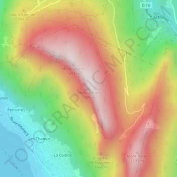 Mapa topográfico Mont Baron, altitude, relevo