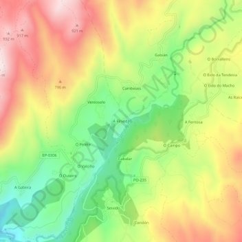 Mapa topográfico A Fírveda, altitude, relevo