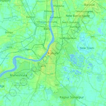 Mapa topográfico Kolkata, altitude, relevo