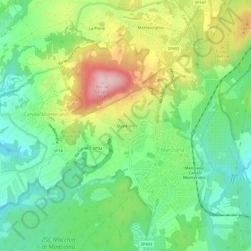 Mapa topográfico Quadroni, altitude, relevo