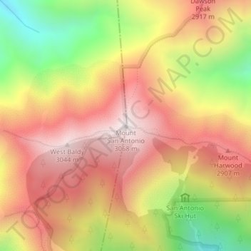 Mapa topográfico Mount San Antonio, altitude, relevo