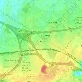 Mapa topográfico Loncin, altitude, relevo
