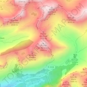 Mapa topográfico Pointe de Bénévent, altitude, relevo