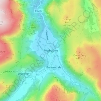 Mapa topográfico Rosthwaite, altitude, relevo