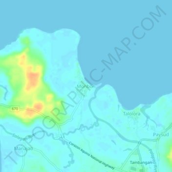 Mapa topográfico Monbon, altitude, relevo