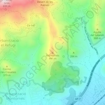 Mapa topográfico Montornés, altitude, relevo