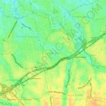 Mapa topográfico Sawah Baru, altitude, relevo