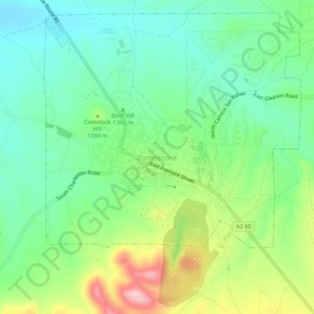 Mapa topográfico Tombstone, altitude, relevo