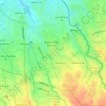 Mapa topográfico Queens Row Central, altitude, relevo