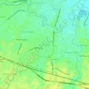 Mapa topográfico Aren Jaya, altitude, relevo