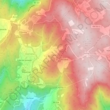 Mapa topográfico Zibreiros, altitude, relevo