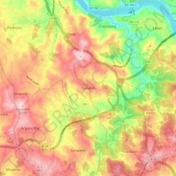 Mapa topográfico Sandim, altitude, relevo