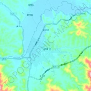 Mapa topográfico 勐海镇, altitude, relevo