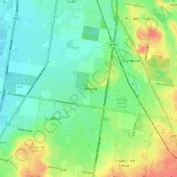 Mapa topográfico Lyndhurst, altitude, relevo